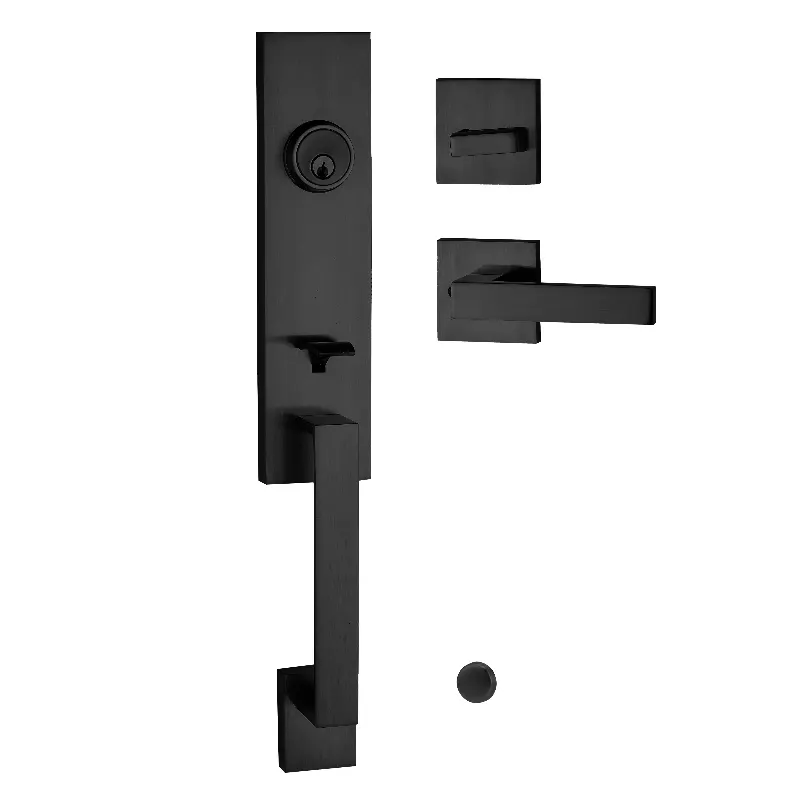 Yüksek dereceli lüks büyük çekme plakası kare siyah giriş ön ahşap kapı çekme kolu kilit seti