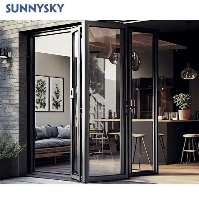 Sunnysky Custom Orkaan Proof Buitenbifold Deur Hoek Aluminium Glazen Accordeon Deuren