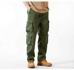 Custom Cargo Pants Men Multi <b>Pocket</b> Straight Leg Drawstring Waist Casual Workwear Style <b>Trousers</b> - Product Image 1