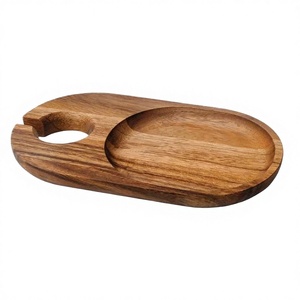 Assiette ovale en bois d'acacia massif poli, écologique, pour steak avec support pour verre à vin, porte-fruits, style américain, décoration - Product Image 2