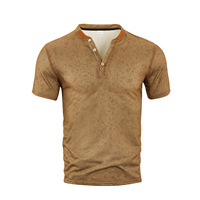 T-shirt Henley boutonné pour homme de style européen et américain - Couleur unie, col en V, manches courtes, coupe ajustée, polyester