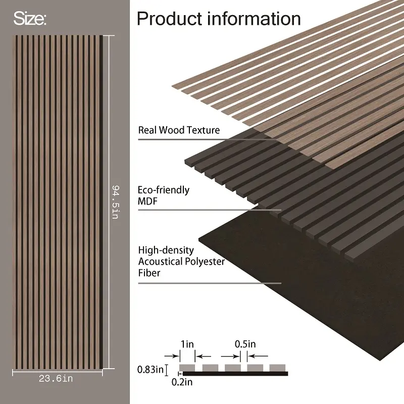 Sunwings Walnut Wood Slat Acoustic Wall Panel | Stock In US | 2-Pack 23.5'' X 94.5'' 3D Fluted Soundproof Wall Panelling