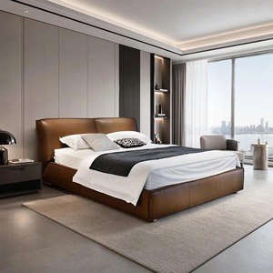 Modern Brown Leather Upholstered <b>Bed</b> <b>Frame</b> with Curved Wrap Around Headboard and Upholstered Base Platform <b>Bed</b> for Bedroom - Product Image 2