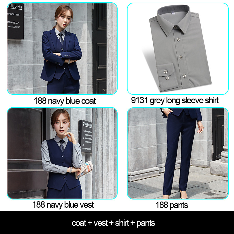 women's navy blue coat+pants+vest+grey shirt