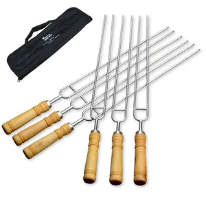 BBQ Fork Shish Kebab Barbecue Long Flat Kebab Meat Skewers U Shape Stainless Steel Tools 6 Pcs a Set in a Cloth Storage Case