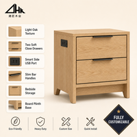 Table de chevet en chêne avec port de charge USB, deux tiroirs à fermeture douce et base sur socle pour chambre à coucher, hôtel, emballage plat