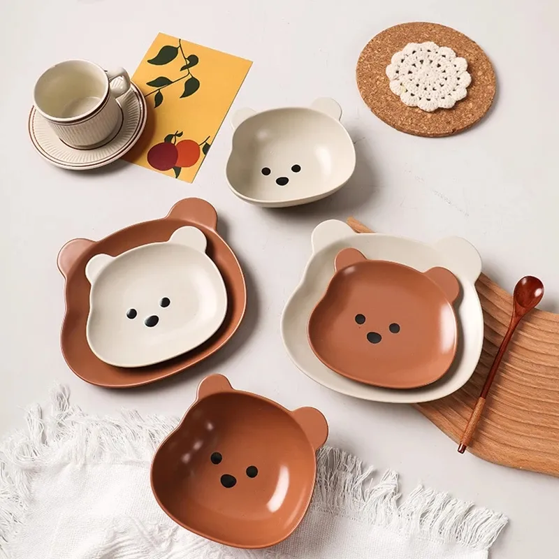 Korean Japanese Bear Ceramic Salad Bowl Fruit Yogurt Dishes Plates for Home Dessert Snack Plate Cutlery Set