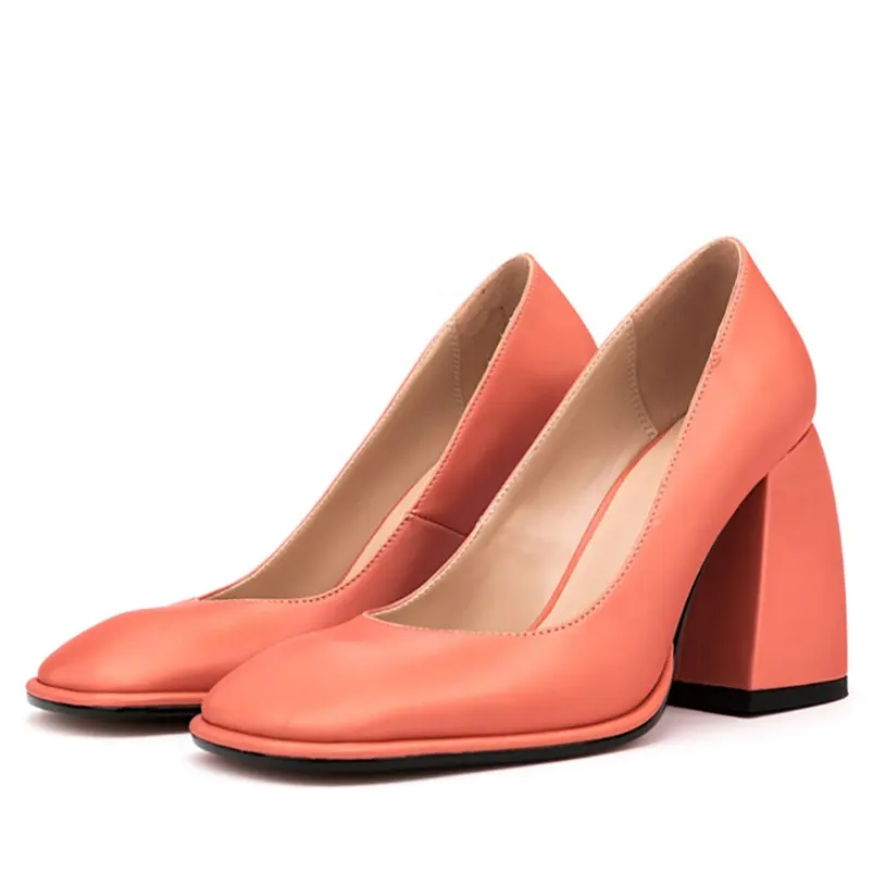 Spring Autumn New Styles Square Toe High Heel Block Heeled Women Pumps Slip-on Orange Color Office Lady Shoes Big Size 45