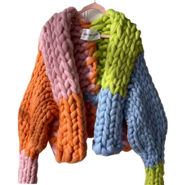 Cardigan coloré en tricot fait à la main, super veste 100% en laine mérinos, pull-over super épais