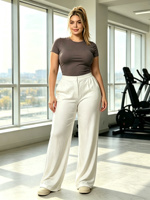 Pantalon large drapé blanc pour femme, léger, taille haute, avec ceinture élastique, coupe droite et décontractée