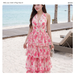Women Floral Chiffon Tiered Maxi <b>Dress</b> Halter Neck A-Line <b>Summer</b> <b>Boho</b> Style Breathable Sleeveless Long Flowy ODM Vietnam - Product Image 4