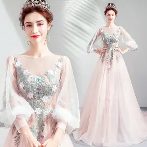 Fantasy Fairy long translucent puff sleeve floral Lace Embroidered Long Tulle Princess Adult Birthday Party Host Evening Dress