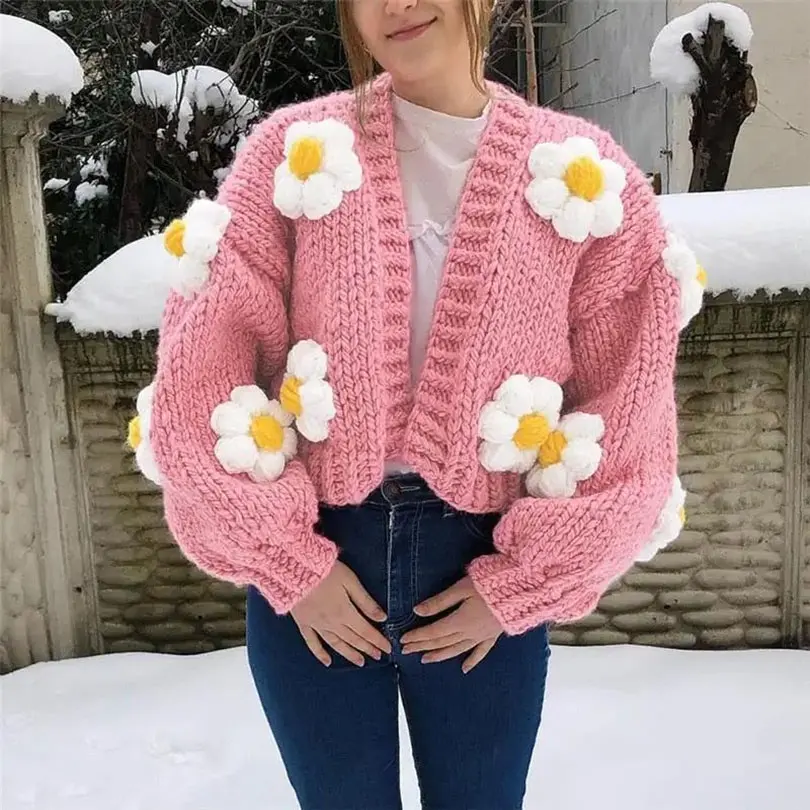 OEM-Cardigan tricoté à col en V ouvert sur le devant avec broderie de fleurs pour femmes-Pulls en tricot torsadé d'épaisseur-Chandails courts pour femmes