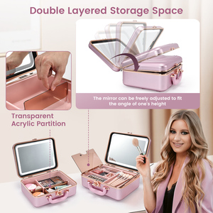 Large <b>Makeup</b> Case with LED Mirror <b>Makeup</b> <b>Box</b> Organizer with Detachable Tray Adjustable Dividers Travel <b>Makeup</b> Train Case Storage - Product Image 5