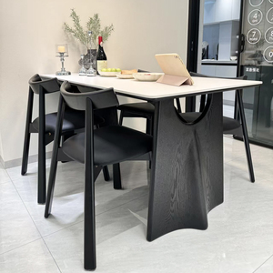 French Retro - Style Solid Wood and Rock Panel <strong>Dining</strong> Table - Black Finish for Home Use <strong>Paired</strong> with Stylish Solid Wood <strong>Chairs</strong> - Product Image 4