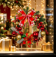 Couronne de Noël populaire avec nœud écossais rouge, baies artificielles et décorations en pin pour porte d'entrée et décoration murale