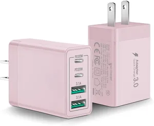 Blok Charger Dinding USB C 40W, dengan 4 port untuk pengisian cepat, kompatibel dengan bantalan ponsel dan lebih merah muda