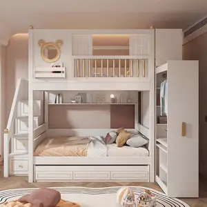 Cama de madera para niños Diseño de muebles de dormitorio Litera para niños Juego de cama para niños Litera para niños con gabinete de escalera de almacenamiento