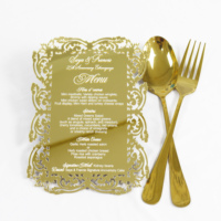 Tarjeta de Menú de Boda Única con Diseño de Rosa Hueca Láser, Acrílico Dorado Espejado, Estampada en Blanco, Invitación de Boda