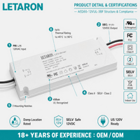 LETARON OEM ODM Kelas2 Tegangan Konstan Bersertifikasi UL Ultra Tipis 16.5mm Driver LED Berkabel untuk Pencahayaan Cermin Kamar Mandi Solusi Lengkap