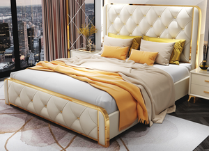 Testiere trapuntate con <span class=keywords><strong>letto</strong></span> di lusso con struttura in acciaio inossidabile dorato per letti singoli in pelle king size con <span class=keywords><strong>letto</strong></span> <span class=keywords><strong>matrimoniale</strong></span> - Product Image 2