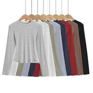 T-shirt côtelé à manches longues et col rond pour femme, couleur unie, tendance - Product Image 1