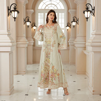 Abaya élégante et modeste pour femmes musulmanes, broderie florale vert clair, respirante, avec strass, coupe ample, longue robe islamique kaftan
