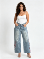 Jean unisexe ample en denim brodé floral, style Y2K, coupe longue, motif botanique, tissu épais