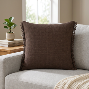 Housse de coussin en lin de qualité supérieure avec bordure à franges |   Coussin carré décoratif texturé brun foncé pour canapé et décoration intérieure - Product Image 2