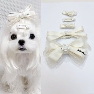 Pinzas para el pelo de mascotas estilo francés, pinzas con lazo BB para perros Maltese Yorkshire, accesorios con cinta blanca y diseño de rosa - Product Image 1