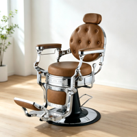 Fauteuil de coiffure rétro de luxe avec panneaux latéraux sculptés, appui-tête réglable, mobilier de toilettage professionnel.