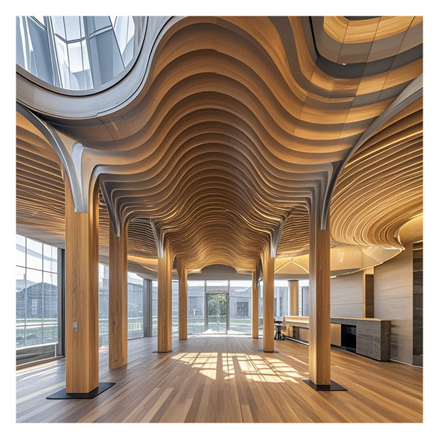 Wood Grain Color Ceiling Facade Decorative Panels 3d Curved Wave Aluminum Baffle Ceiling Panel