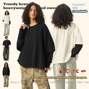 Men's Casual Two-Piece Contrast Long Sleeve T-Shirt American Spliced Solid Pattern 280G <strong>Cotton</strong> Short Width Box Cross-Border <strong>Wear</strong> - Product Image 2