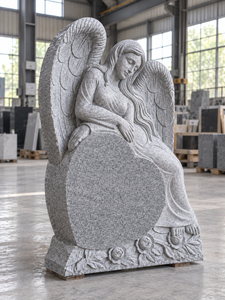 Statue d'ange de style américain traditionnel pour cimetière, pierre tombale avec sculpture de rose, monument en granit gris, marque américaine, modèle 02 - Product Image 2
