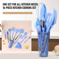Ensemble d'ustensiles de cuisine en silicone écologiques 16 pièces, bleu macaron, avec gobelet doseur gradué, fouet, spatule, compatible lave-vaisselle