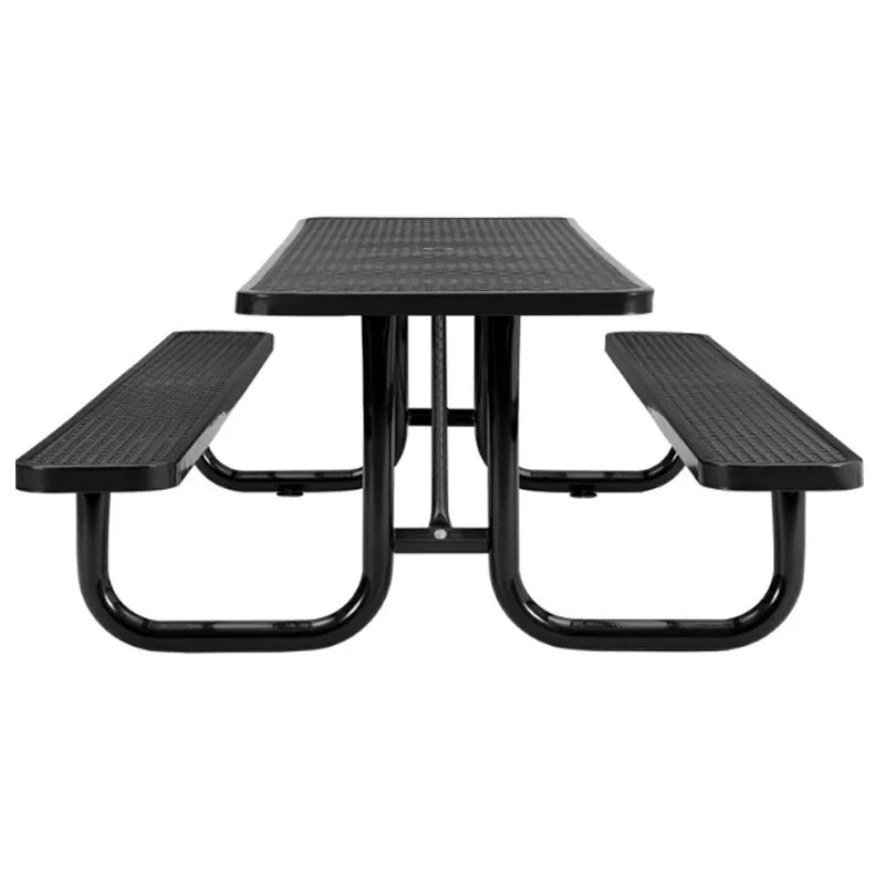 Outdoor Furniture Expanded Metal 6ft 8ft Long Commercial Picnic Dining Table With Bench Restaurant Outside Steel Mesh Cafe Table
