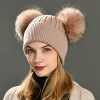 Bonnet d'hiver Jxwatcher pliable et moelleux avec deux grands pompons en vraie fourrure, bonnet extensible pour femme, bonnet chaud en cachemire tricoté, bonnet ample en laine