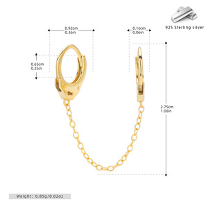 925 <b>Silver</b> Woman Fashion <b>Earring</b> Minimalist Double Huggie <b>Hoop</b> With Chain 18K Gold Plated Hypoallergenic <b>Sterling</b> <b>Silver</b> <b>Earring</b> - Product Image 1