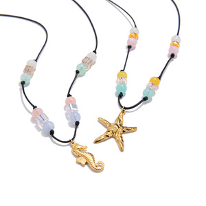 Collar de Cuentas de Inspiración Náutica con Dijes de Estrella Dorada y Caballito de Mar, Cuentas Redondas Coloridas, Hilo Encerado, Aleación de Zinc, Moda - Product Image 5