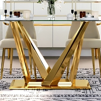 Table à manger rectangulaire moderne en verre trempé transparent avec base en acier inoxydable et structure métallique, capacité 6 personnes, pour maison, villa, hôtel