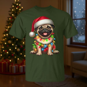 Camiseta con diseño de perro pug, luces navideñas y gorro de Papá Noel, regalo para amantes de los perros - Product Image 3