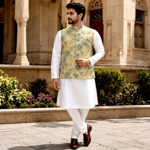 Veste Nehru en soie brodée de fleurs pour homme avec Kurta blanche pour mariage, tenue traditionnelle indienne/pakistanaise, coupe classique, en stock - Product Image 1