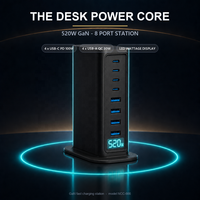 Chargeur USB C GaN 520W, Hub de bureau 8 ports, 4C PD100W 4A QC30W, Affichage intelligent, Charge rapide pour ordinateur portable, UKCA