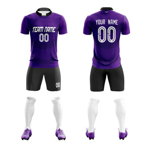 Kits de football personnalisés en gros, imprimés, 100% polyester, col en V, séchage rapide, violet et noir, avec noms et numéros d'équipe - Product Image 1