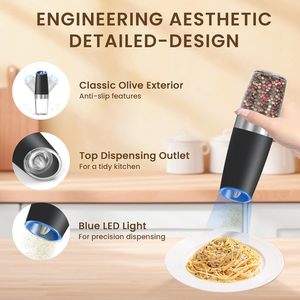 เครื่องบดพริกไทยและเกลือไฟฟ้าแบบอัตโนมัติ ใช้พลังงานแบตเตอรี่ พร้อมไฟ LED สีฟ้า ปรับความละเอียดได้ - Product Image 4