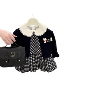 Tongxingyuan Girls Autumn Knitted <b>Cardigan</b> Plaid Dress Set Peter Pan Collar Two Piece Outfit Childrens Clothing - Product Image 5