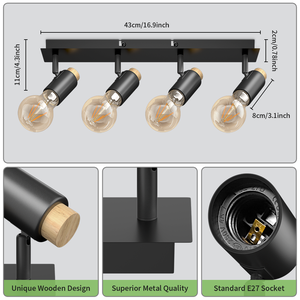 Spot de <span class=keywords><strong>plafond</strong></span> E27 vintage noir en bois et métal, 4 lumières rotatives, montage en surface, idéal pour salon, chambre à coucher, intérieur – Vente directe usine - Product Image 4