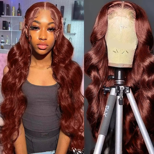 Perruque en cheveux humains à dentelle ondulée brun roux <span class=keywords><strong>cuivré</strong></span> brun brunâtre HD 13x6 Dentelle frontale sans colle Perruque en cheveux humains pré-épilée - Product Image 5