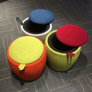 Taburete de Almacenamiento Redondo de Algodón y Lino para Dormitorio u Oficina en Casa con Tapa Móvil - Product Image 3