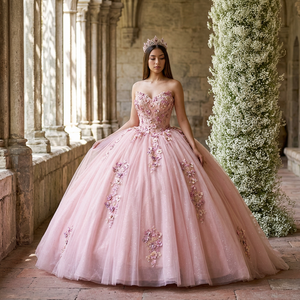 Robe de Quinceañera Lsany257 rose à col cœur en tulle avec appliques de sequins, robes de Quinceañera Jancember - Product Image 1